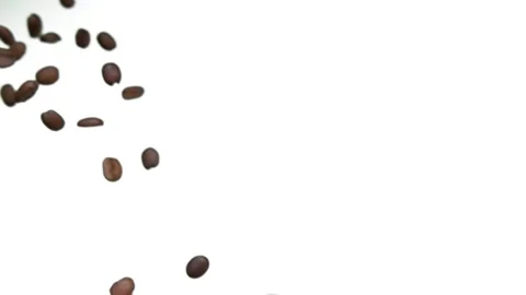 Roasted coffee beans are falling down on a white background Stock Footage 148871708