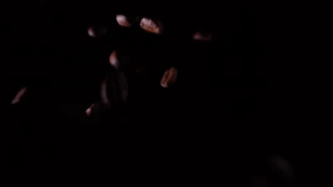 Roasted coffee beans are flying and spinning on the black background Stock Footage 199472666