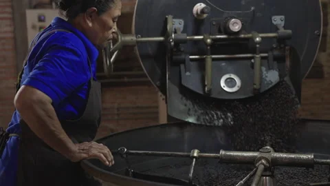 Roasted coffee beans are released from the roaster to cool down. Stock Footage 172535086