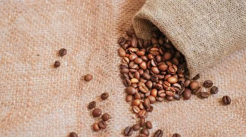 Roasted coffee beans on the background of burlap Stock Photos
