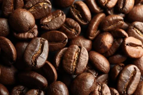 Roasted coffee beans as background, top view 写真素材