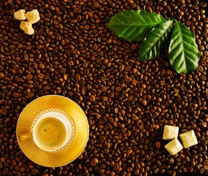 Roasted coffee beans background white cup on golden saucer with espresso. Stock Photos