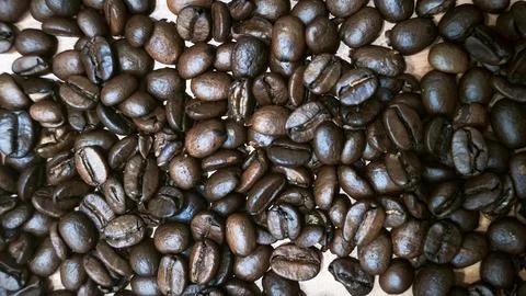 Roasted Coffee Beans with Black Measuring Scoop on Wooden Table Photos