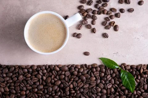 Roasted coffee beans border and cup of coffee Stock Photos