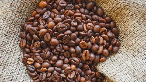 Roasted coffee beans on burlap background. Stock Footage 100604917