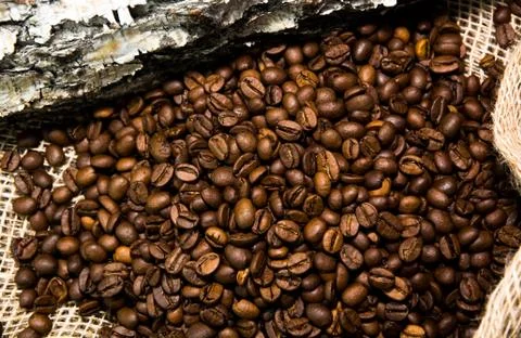 Roasted Coffee Beans on Burlap Canvas Background. Copy Space for Text Stock-Illustration