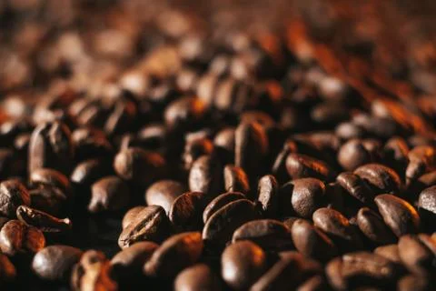 Roasted coffee beans, can be used as background. Coffee production concept fo Stock Photos