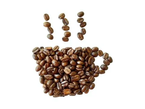 Roasted coffee beans, coffee cup shape isolated on white background Stock Photos
