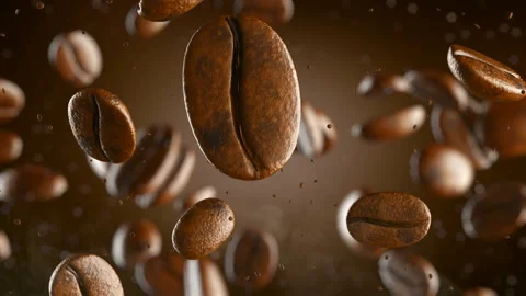 Roasted coffee beans with coffee dust falling down in front of dark and green Stock Footage 144845534