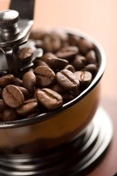 Roasted coffee beans in coffee grinder Stock Photos