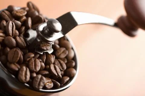 Roasted coffee beans in coffee grinder Stock Photos