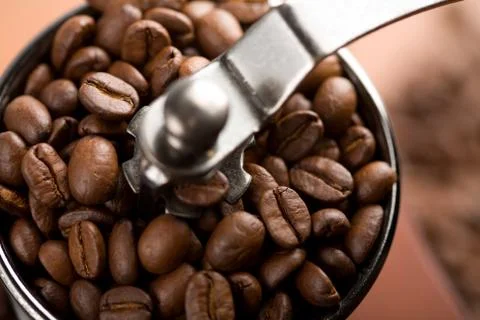 Roasted coffee beans in coffee grinder Stock Photos