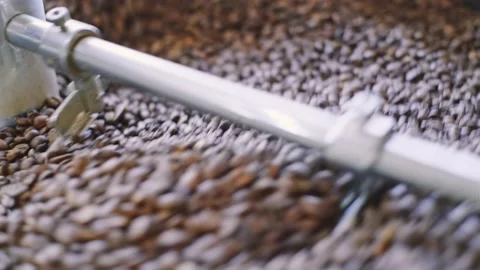 Roasted coffee beans in a cooler mixer closeup. Vídeos de archivo 142280177