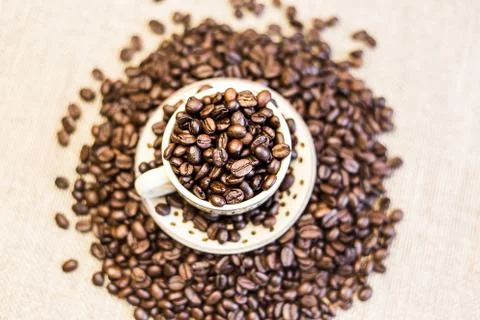 Roasted coffee beans with cup 写真素材