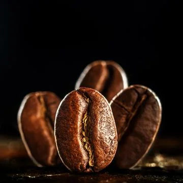 Roasted coffee beans on a dark background with copies of space. Foto stock