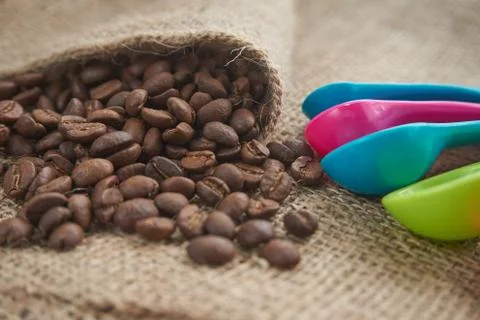 Roasted coffee beans, dose measuring spoons on jute sack Stock Photos