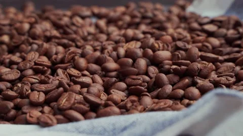 Roasted coffee beans drop falling in bean bag. Stock Footage 159490463