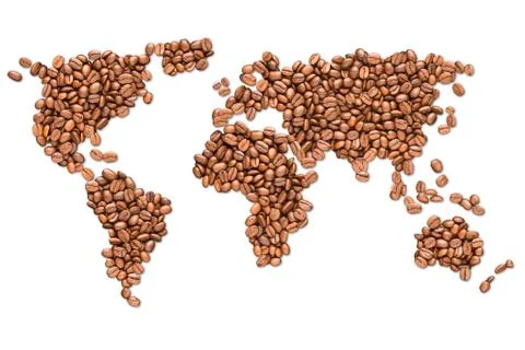 Roasted coffee beans earth map isolated on white background Stock Photos