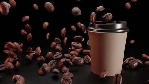 Roasted coffee beans fall on craft coffee cup on black background. Coffee to go. Stock Footage 161171110