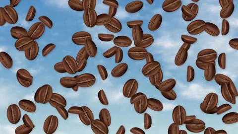 Roasted Coffee Beans Falling Against a Blue Sky Background Stock Footage 346114699