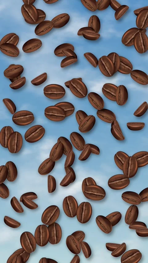 Roasted Coffee Beans Falling Against a Blue Sky Background Stock Footage 346569572
