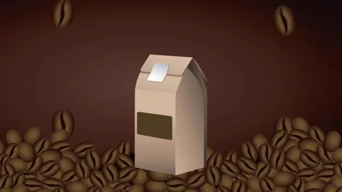 Roasted coffee beans falling around blank paper packaging pouch on dark bro.. Stock-Footage 339068427