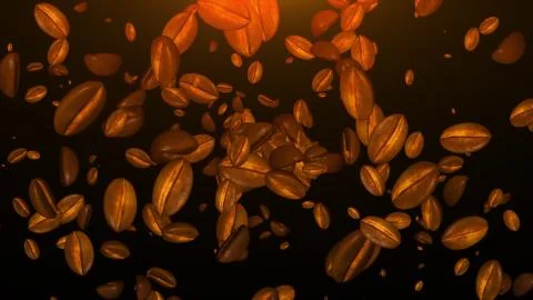 Roasted coffee beans falling down on a dark background, computer generated. 3d Stock-Illustration