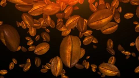 Roasted coffee beans falling down on a dark background, computer generated. 3d Stock-Illustration