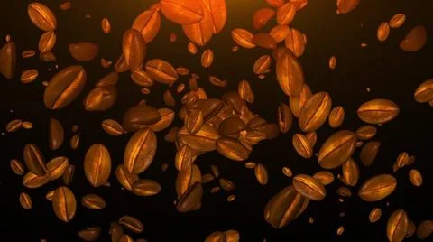 Roasted coffee beans falling down on a dark background, computer generated... Foto stock