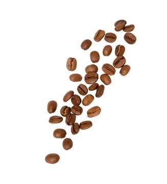 Roasted coffee beans falling  isolated on white. Stock Photos