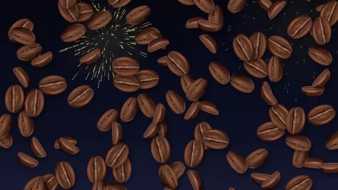 Roasted Coffee Beans Falling Over Sparkling Fireworks on Dark Background Stock Footage 343819655