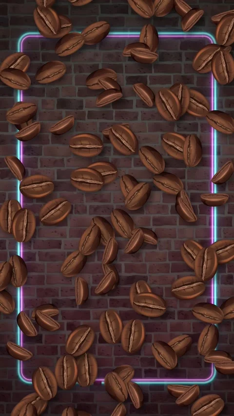 Roasted Coffee Beans Falling Over Neon Frame on Brick Wall Stock Footage 344843012