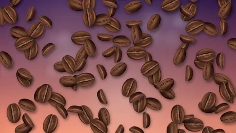 Roasted Coffee Beans Falling Over Purple and Orange Gradient Background Stock Footage 344848493
