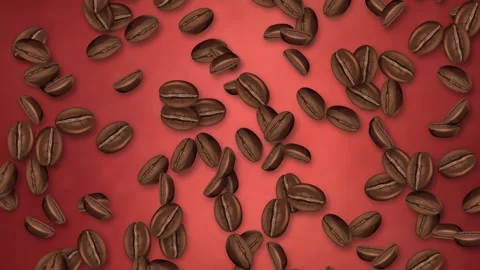 Roasted Coffee Beans Falling Over a Vibrant Red Background Stock Footage 345297138
