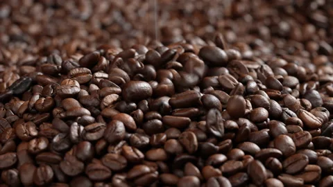 Roasted Coffee beans falling into Pile of coffee beans. Stockbeeldmateriaal 177535171