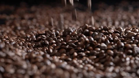 Roasted Coffee beans falling into Pile of coffee beans. Видео 177541545