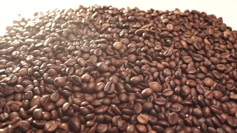 Roasted Coffee beans falling into Pile of coffee beans. Falling coffee beans Stock Footage 201291820