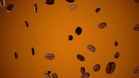 Roasted coffee beans falling in slow motion against a vibrant warm Stock Footage 346324022