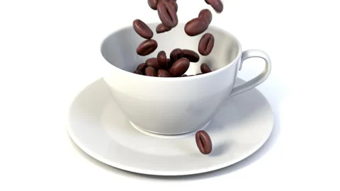 Roasted coffee beans falling into white coffee cup, slow motion against white Video stock 148156287