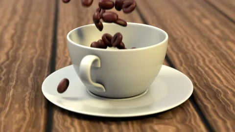 Roasted coffee beans falling into a white cup in slow motion Video stock 169866190
