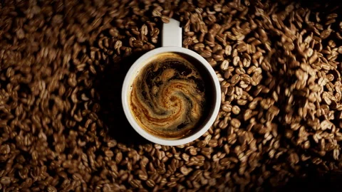 Roasted coffee beans falling onto white cup. Stock Footage 328628423