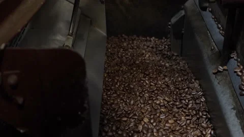 Roasted Coffee Beans Fill Up Bin And Empty Into Another At Factory Stock Footage 143758943