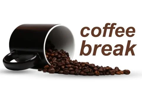 Roasted coffee beans flow out of a black Cup isolated on a white background.  Stock Photos