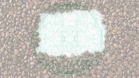Roasted coffee beans forming circular ring around white center, displaying Stock Footage 307445248