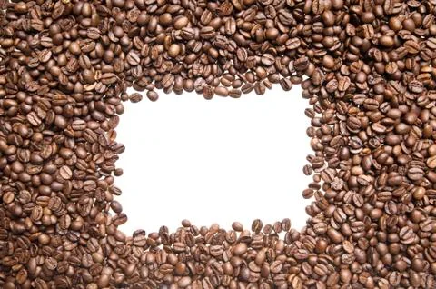 Roasted coffee beans frame isolated on white background. Stock Photos