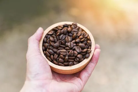 Roasted coffee beans hold in hand - Close up of coffee beans on wooden bowl Foto stock