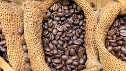 Roasted coffee beans inside a burlap sacks. Fresh aromatic coffee grain. Stockbeeldmateriaal 300604556
