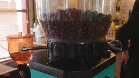 Roasted coffee beans loaded inside a hopper of an electric grinder in a cafe. 库存影片 343402422