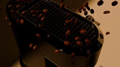 Roasted coffee beans in motion over dark background with espresso machine Stock Photos