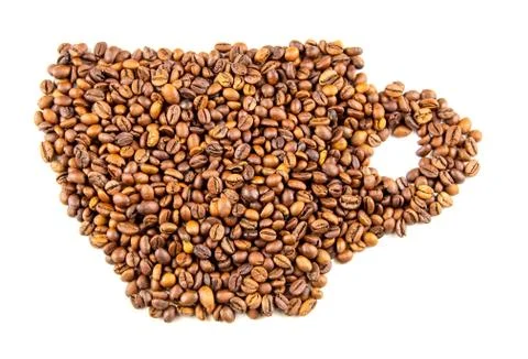 Roasted coffee beans placed in the form of a cup of coffee Stock Photos